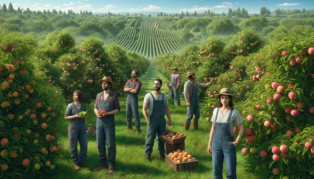 Fruit Orchard A photorealistic image featuring fruit orchard farmers. The scene shows a group of farmers, including both men and women, standing in a lush orchard f (1)