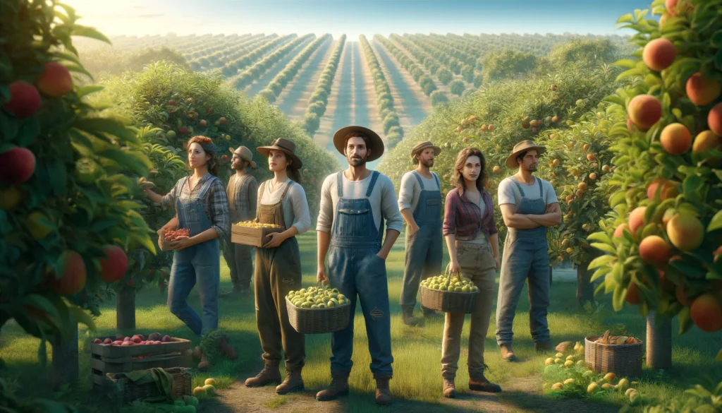 Fruit Orchard A photorealistic image featuring fruit orchard farmers. The scene shows a group of farmers, including both men and women, standing in a lush orchard f (2)