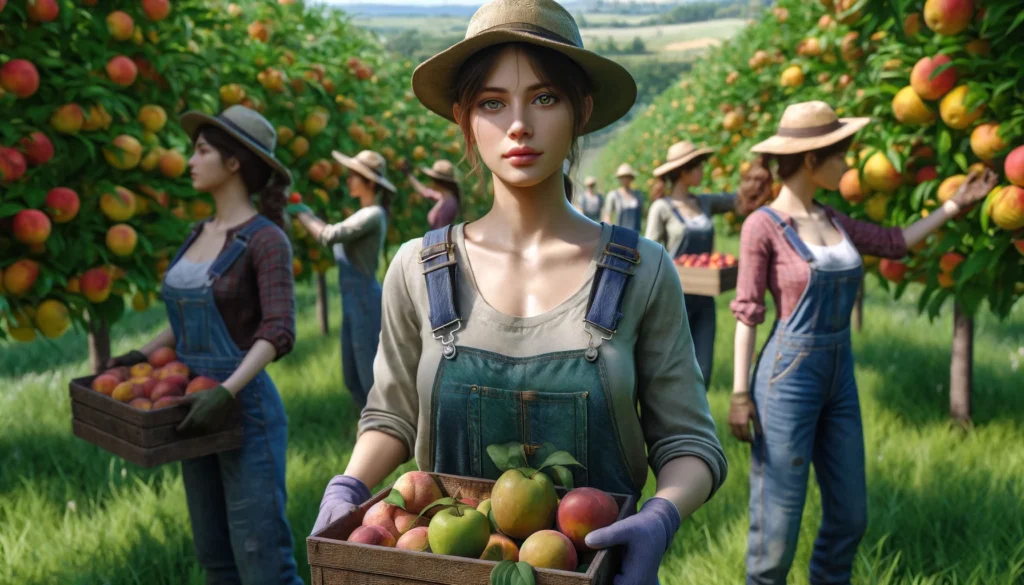 Fruit Orchard USA Directory 16.02.49 A closeup photorealistic image of female fruit orchard farmers. The scene shows a group of women standing in a lush orchard filled with various fruit 33 (1)