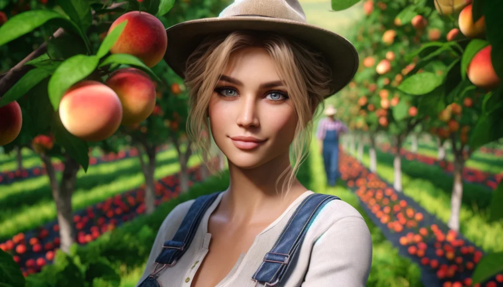 Orchard USA Directory 16.03.44 A closeup photorealistic image of an attractive blonde female fruit orchard farmer. She is standing in a lush orchard filled with various fruit trees (1)